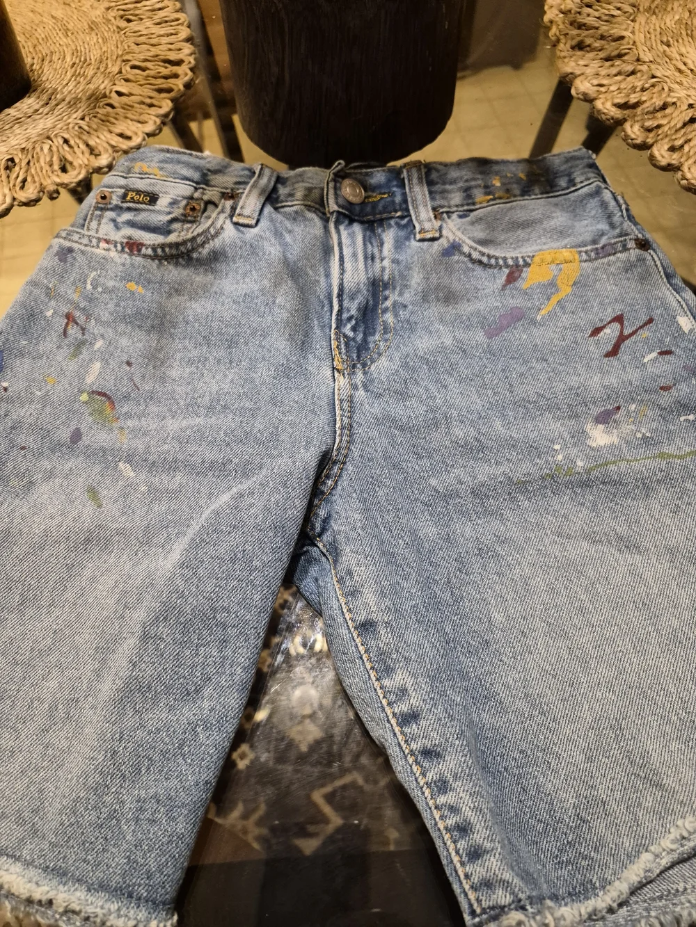 Polo by Ralph Lauren Kids Light Blue Denim Shorts with Multicolor Paint Splatter